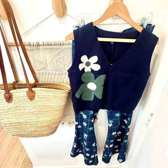 Unique Vintage Plaid Flower Power 70’s Retro Preppy Vest Flair Pants XL Set - Picture 2 of 12